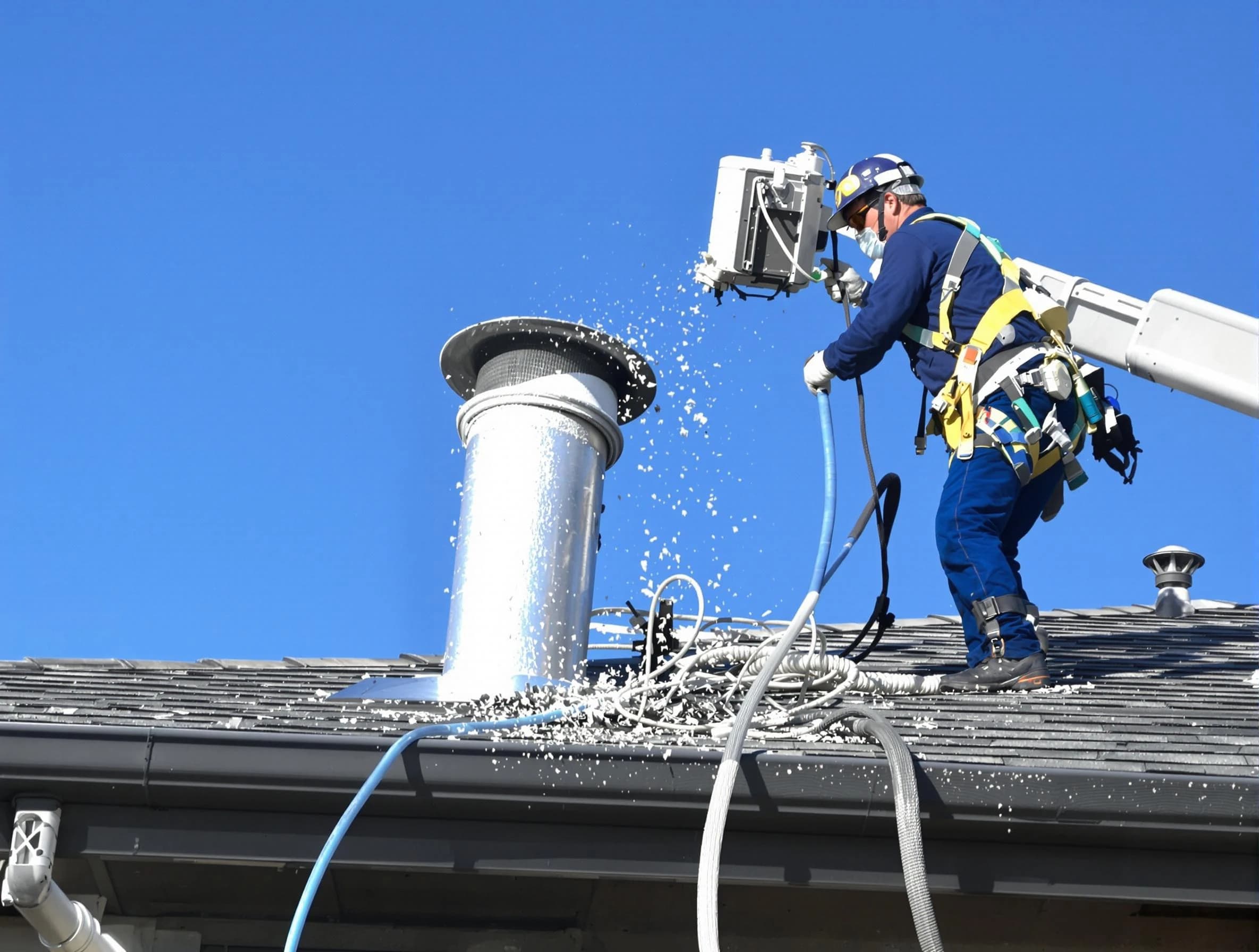 Bernalillo Dryer Vent Cleaning certified technician safely cleaning a roof-mounted dryer vent in Bernalillo