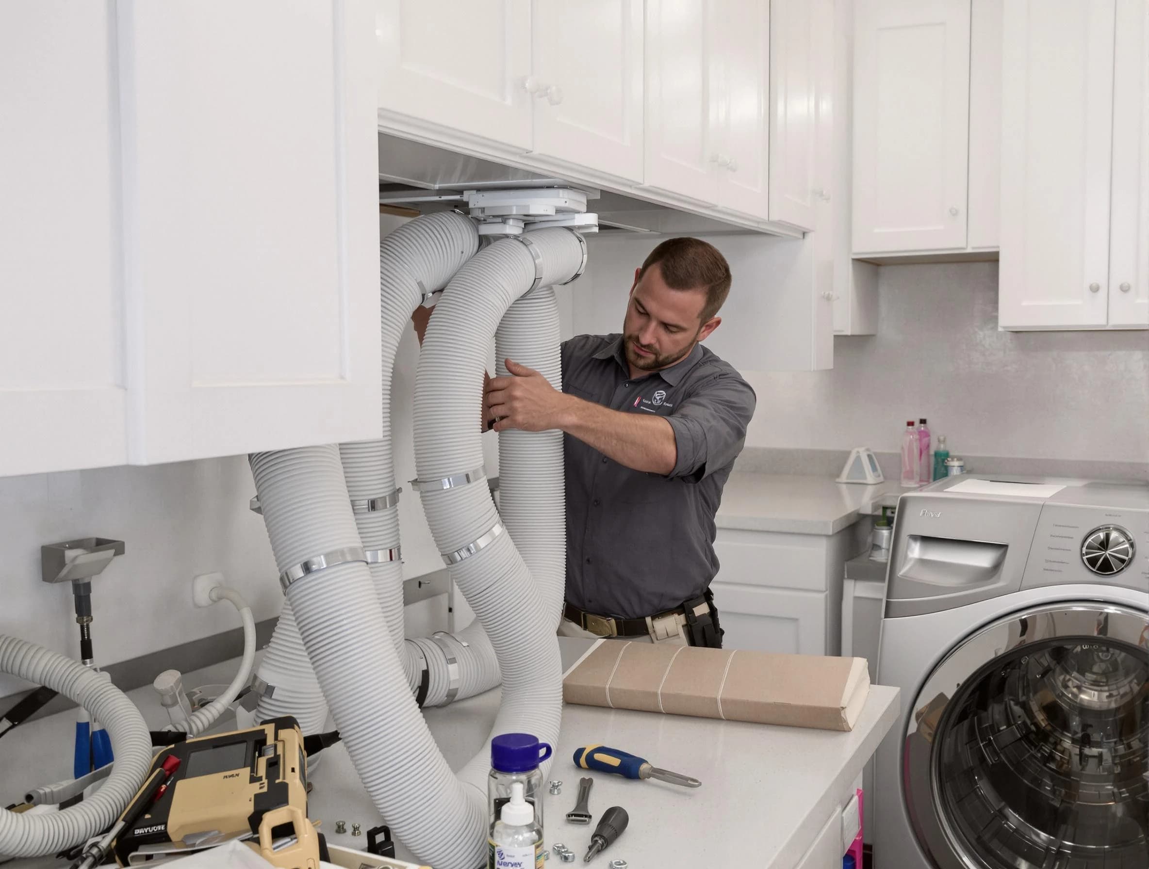 Bernalillo Dryer Vent Cleaning technician installing a new professional-grade dryer vent hose in Bernalillo