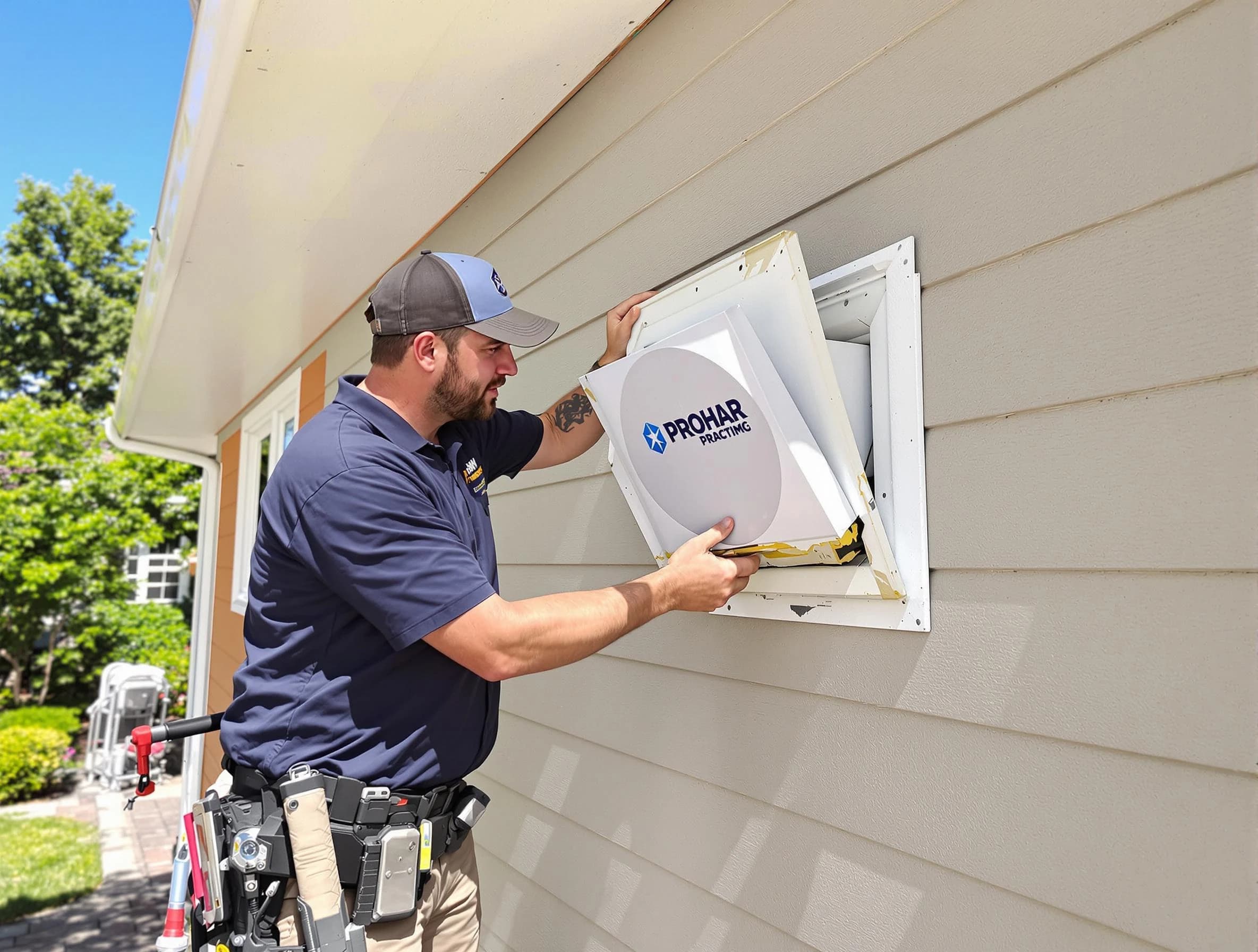 Bernalillo Dryer Vent Cleaning technician installing a new protective dryer vent cover on a home in Bernalillo