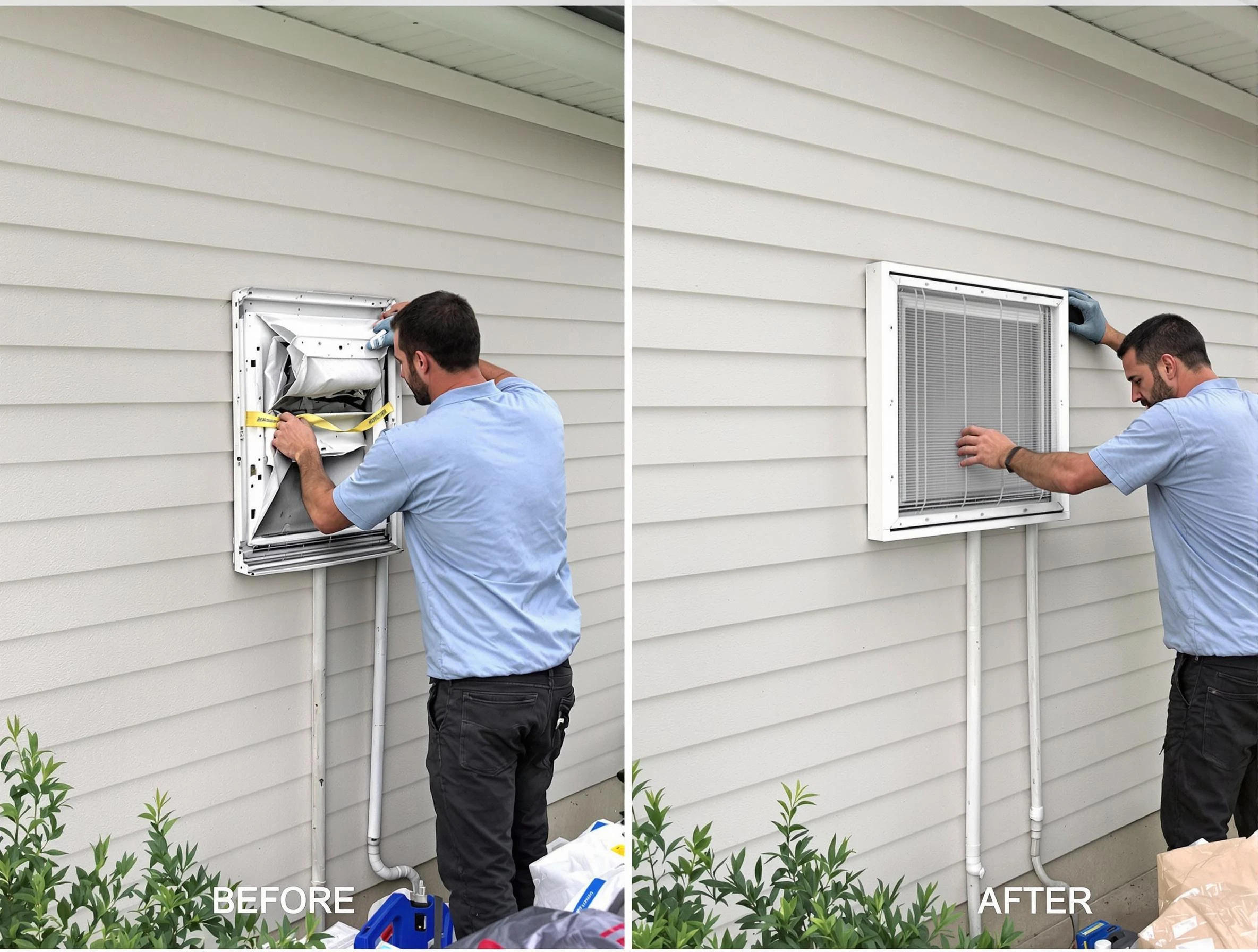 Bernalillo Dryer Vent Cleaning technician installing high-quality dryer vent cover at a residential property in Bernalillo